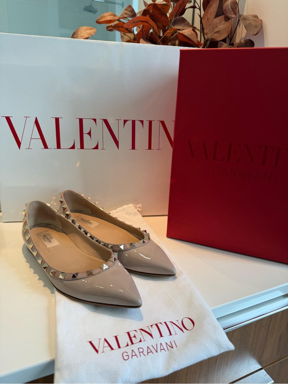 Valentino Garavani Patent Nude Rockstud Pointed Ballet Flats